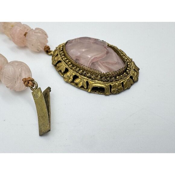 Vintage Antique Carved Rose Quartz Gold Tone Ornate Filigree Collar Necklace 14” - Picture 11 of 14